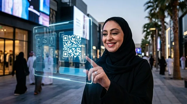 امرأة سعودية تستخدم رمز الاستجابة السريع الهولوغرامي