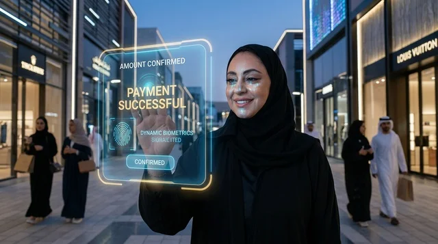 Emirati Woman Using Holographic Biometric Payment in Dubai