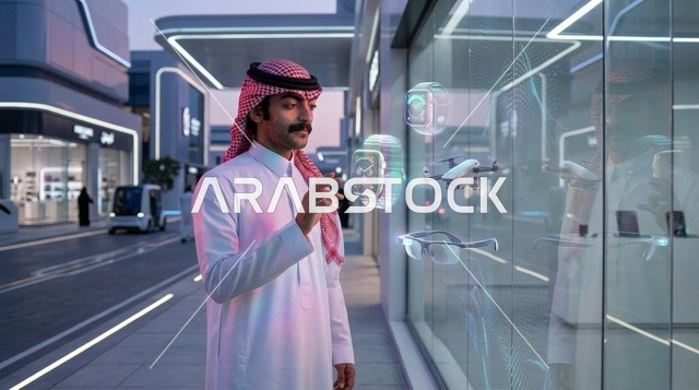 شاب سعودي بالزي التقليدي يتفاعل مع شاشات هولوغرام