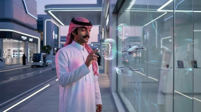 شاب سعودي بالزي التقليدي يتفاعل مع شاشات هولوغرام