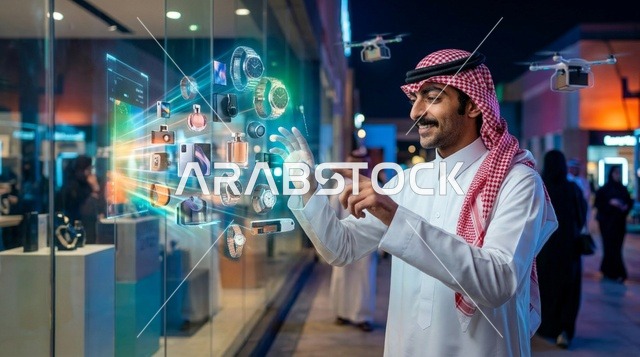 رجل سعودي يتفاعل مع شاشة عرض هولوغرامية تفاعلية ليلاً