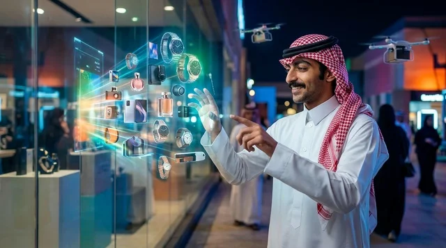 Saudi Man Interacting with Holographic Retail Display