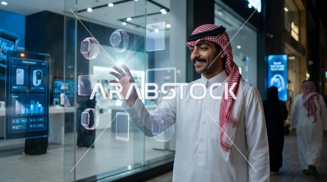 رجل سعودي يتفاعل مع شاشة هولوجرام ذكية ومستقبلية ليلاً