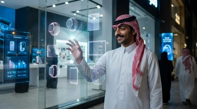 رجل سعودي يتفاعل مع شاشة هولوجرام ذكية ومستقبلية ليلاً