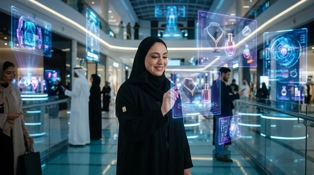 امرأة إماراتية تتسوق باستخدام شاشات الهولوجرام في المول