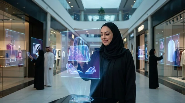 Emirati Woman Using Hologram Shopping Display in Mall