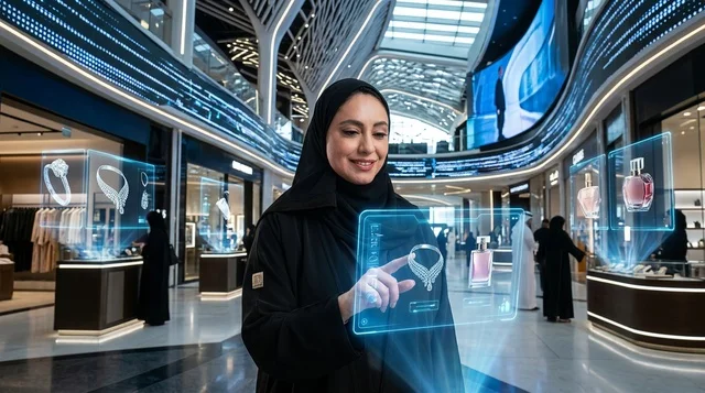 Emirati Woman Shopping with Hologram Technology in Mall