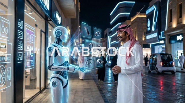 رجل سعودي يتفاعل مع روبوت ذكي وشاشات هولوغرام ليلاً