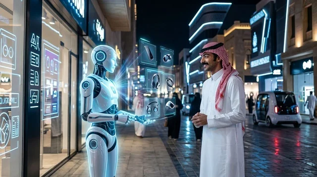 رجل سعودي يتفاعل مع روبوت ذكي وشاشات هولوغرام ليلاً