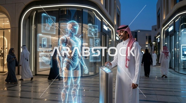 رجل سعودي يتفاعل مع روبوت هولوغرام مستقبلي في مدينة ذكية