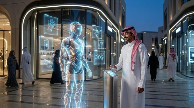 رجل سعودي يتفاعل مع روبوت هولوغرام مستقبلي في مدينة ذكية