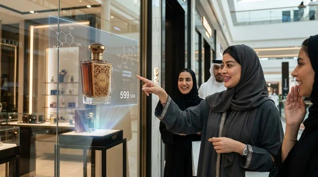 Saudi Women Shopping with Hologram Display in Mall