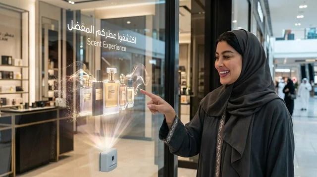 امرأة إماراتية تتفاعل مع عرض عطور هولوغرامي في المول