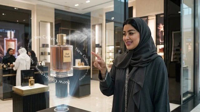 امرأة سعودية بالعباءة تتفاعل مع هولوجرام عطر في متجر