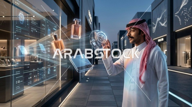 شاب سعودي يتفاعل مع شاشة تسوق هولوغرامية ذكية وقت الغسق