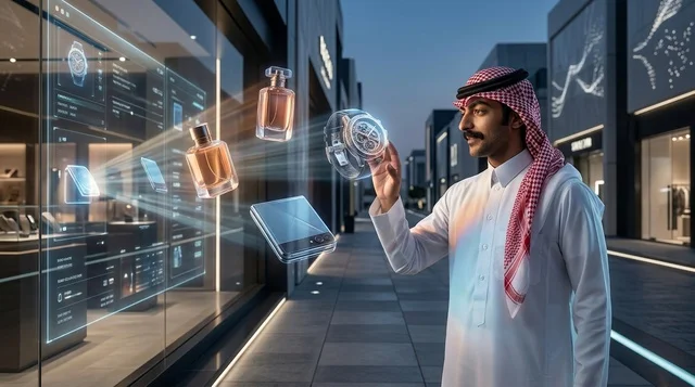 شاب سعودي يتفاعل مع شاشة تسوق هولوغرامية ذكية وقت الغسق