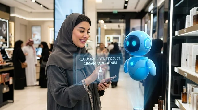 امرأة سعودية بالعباءة تتسوق مع مساعد روبوت ذكي في المتجر