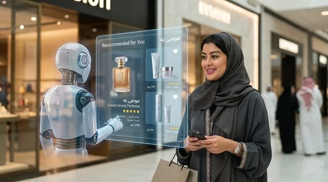 امرأة سعودية تتسوق بتقنية الذكاء الاصطناعي في المول