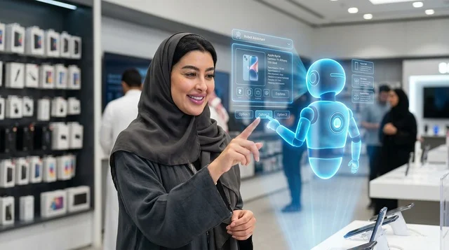امرأة سعودية تتفاعل مع روبوت هولوغرام في متجر إلكترونيات