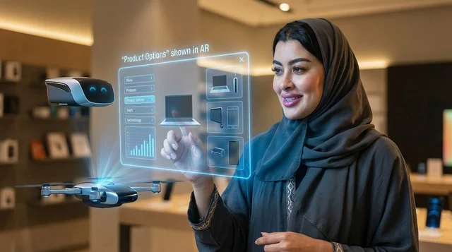 امرأة سعودية تتفاعل مع شاشة واقع معزز في متجر ذكي