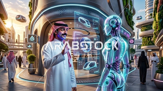 رجل سعودي بالزي التقليدي مع روبوت في مدينة المستقبل