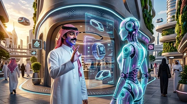 رجل سعودي بالزي التقليدي مع روبوت في مدينة المستقبل