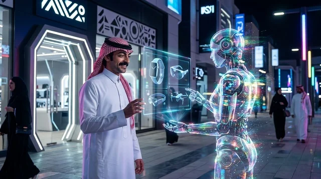 رجل سعودي يتفاعل مع روبوت هولوغرافي ليلاً