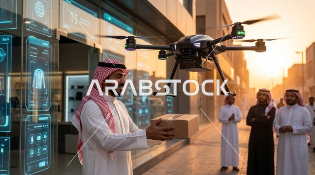 رجل سعودي يستلم طرداً بريدياً من طائرة درون عند الغروب