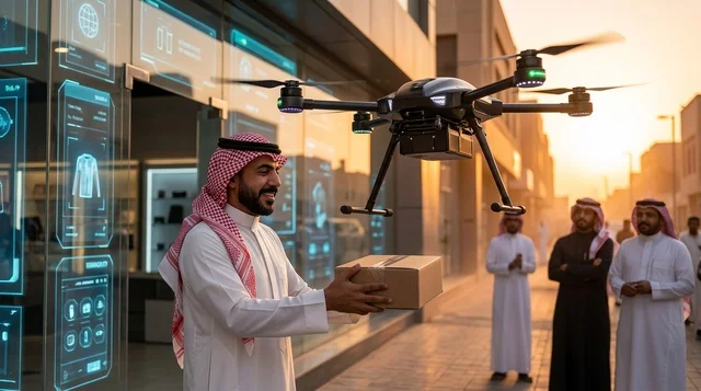 Saudi Man Receiving Delivery Package from Drone at Sunset