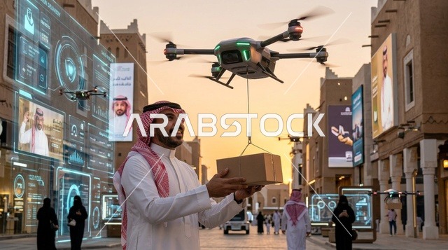 Saudi Man Receiving Drone Delivery in Smart City