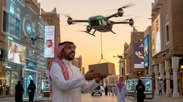 Saudi Man Receiving Drone Delivery in Smart City