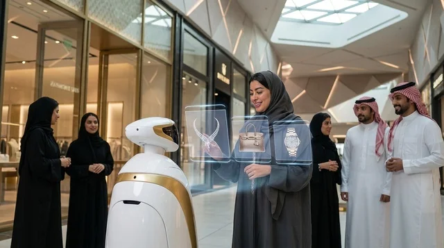 امرأة سعودية تتفاعل مع روبوت ذكي في مركز تسوق