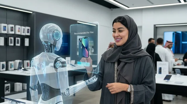 امرأة سعودية تتفاعل مع روبوت هولوغرامي في متجر إلكترونيات