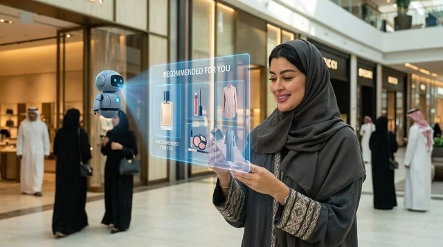 امرأة عربية تتسوق عبر شاشة هولوغرام في مول حديث