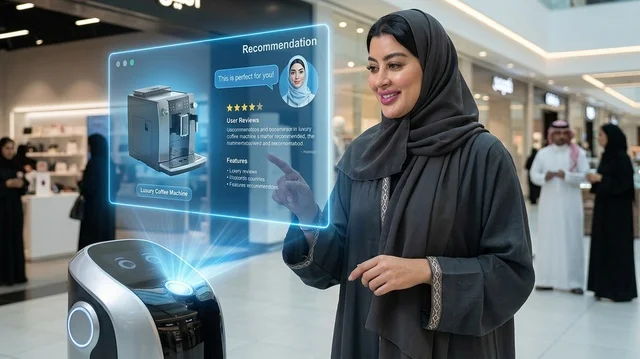 Saudi Woman Interacts with Hologram Robot in Mall