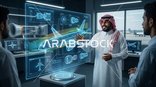مهندس سعودي يعرض نموذج طائرة هولوغرام ثلاثي الأبعاد