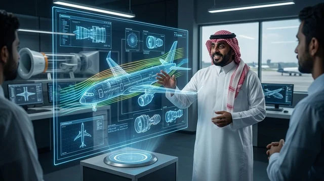 Saudi Engineer Presenting Holographic Airplane Model