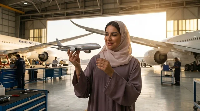 امرأة سعودية بالعباءة تحمل مجسم طائرة في الحظيرة