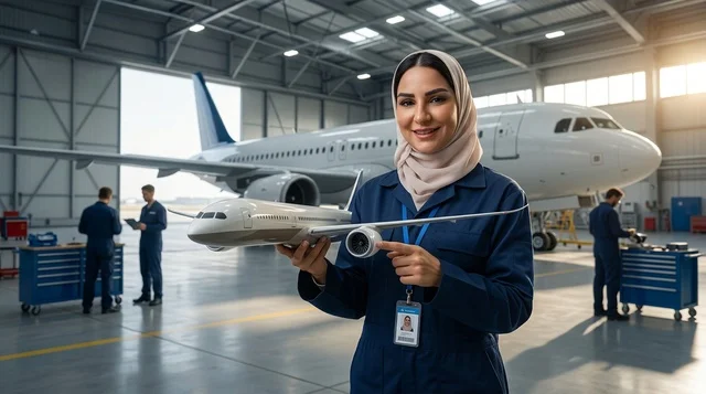 مهندسة طيران عربية ترتدي الحجاب في حظيرة الطائرات