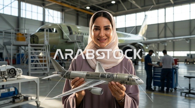 مهندسة طيران عربية بالحجاب تحمل مجسم طائرة في حظيرة