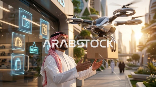 رجل سعودي يستلم طرداً من طائرة درون في مدينة مستقبلية