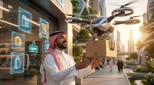 رجل سعودي يستلم طرداً من طائرة درون في مدينة مستقبلية