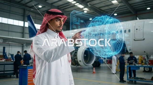 مهندس طيران سعودي مع مجسم هولوجرام لمحرك نفاث