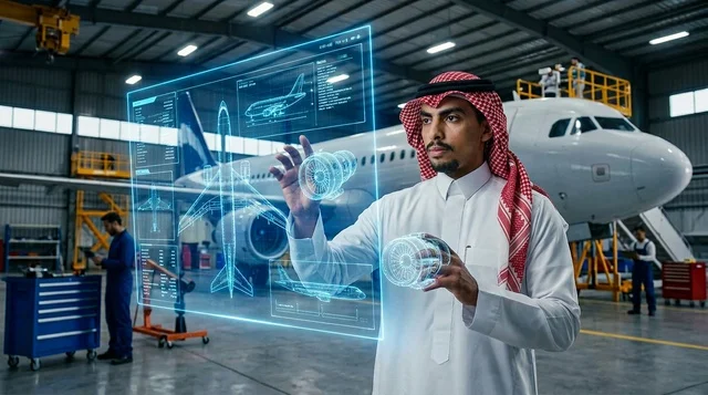 مهندس طيران سعودي يستخدم شاشة هولوغرام بالحظيرة