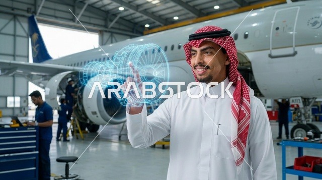مهندس سعودي يتفاعل مع هولوغرام طائرة في الحظيرة