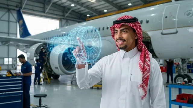 مهندس سعودي يتفاعل مع هولوغرام طائرة في الحظيرة
