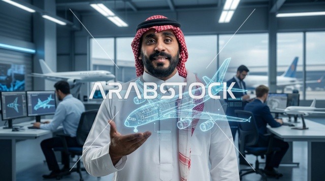 Saudi Engineer Holding 3D Airplane Hologram in Office