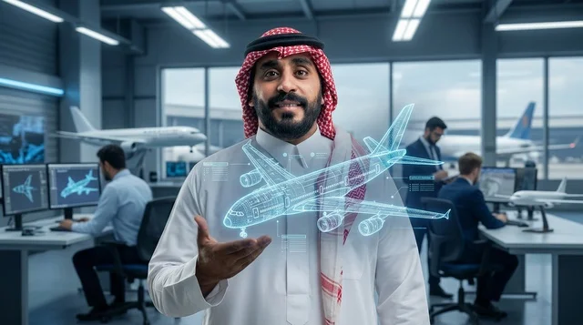 Saudi Engineer Holding 3D Airplane Hologram in Office