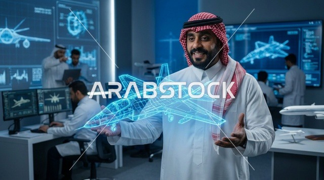 مهندس طيران سعودي يحمل مجسم هولوغرام لطائرة مقاتلة