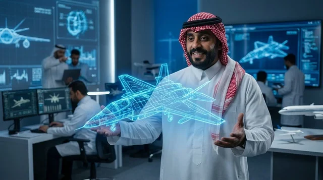 مهندس طيران سعودي يحمل مجسم هولوغرام لطائرة مقاتلة
